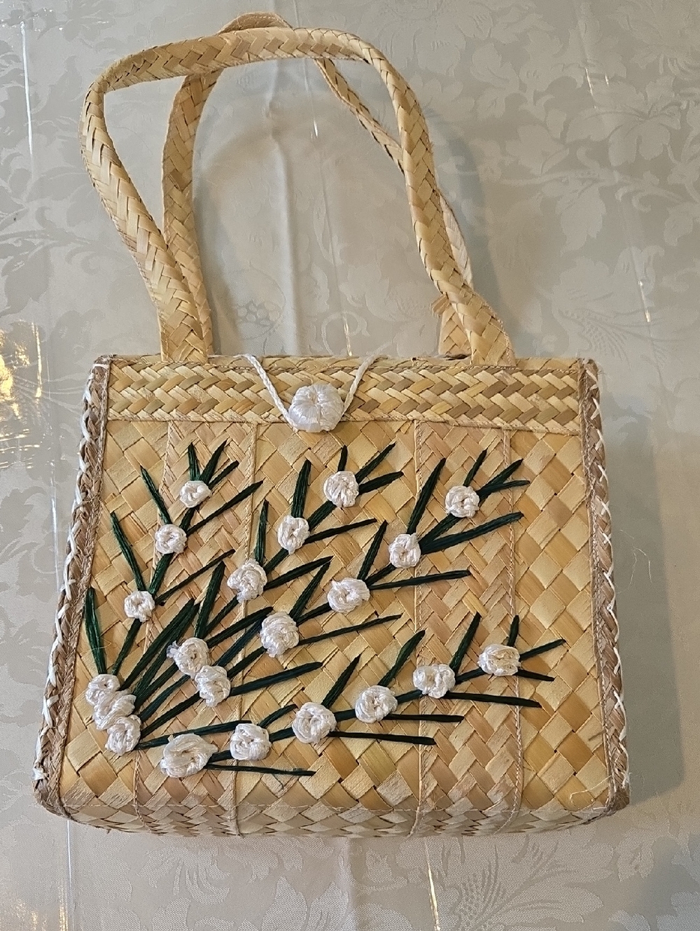 Handwoven Straw Tote Bag with White Rosette Embroidery - Picture 7 of 14